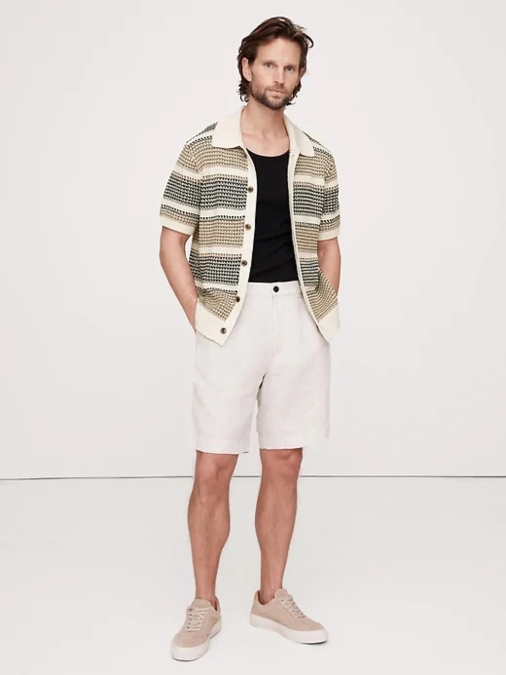 Banana Republic Men’s Medium Crochet Resort Shirt Striped Knit Cotton Medium